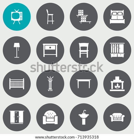 Set Of 16 Situation Icons Set.Collection Of Cupboard, Desk, Bookcase And Other Elements.