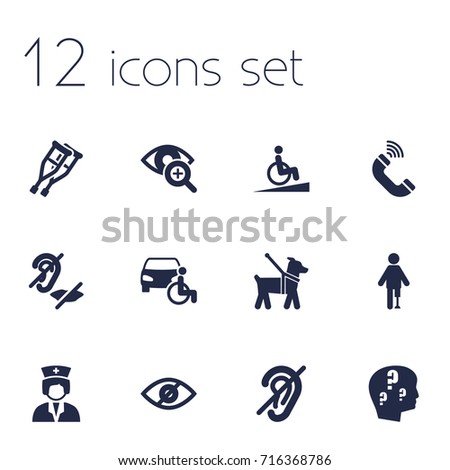 Set Of 12 Disabled Icons Set.Collection Of Assistance, Phone, Hard Of Hearing And Other Elements.