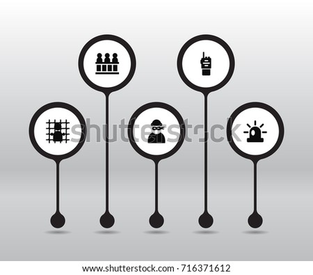 Set Of 5 Criminal Icons Set.Collection Of Jail, Walkie-Talkie, Signal And Other Elements.
