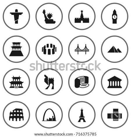 Set Of 16 Monument Icons Set.Collection Of Prehistoric Britain, Japan, China And Other Elements.