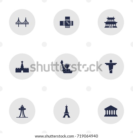 Set Of 9 Landmarks Icons Set.Collection Of Bridge, Paris, Seattle And Other Elements.