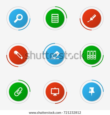 Set Of 9 Instruments Icons Set.Collection Of Calculate, Whiteboard, Clip And Other Elements.