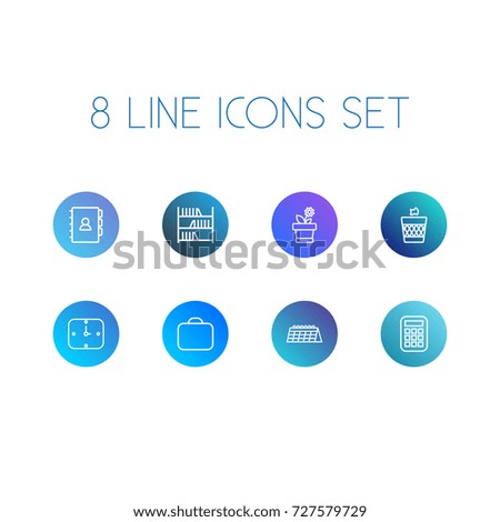 Set Of 8 Bureau Outline Icons Set.Collection Of Wall Clock, Bookshelf, Wastebasket And Other Elements.