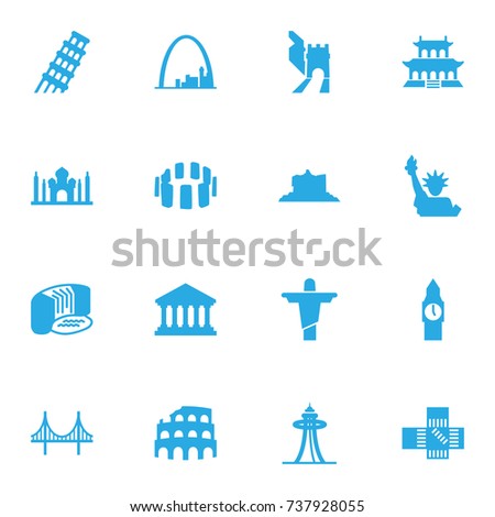 Set Of 16 Famous Icons Set.Collection Of Academy, India Mosque, Bridge And Other Elements.