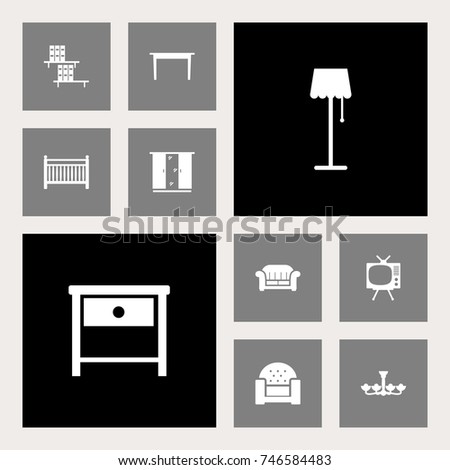 Set Of 10 Situation Icons Set.Collection Of Bookcase, Cot, Bedside Table And Other Elements.