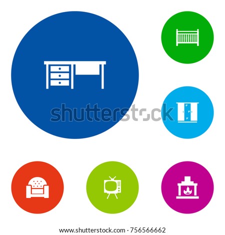 Set Of 6 Situation Icons Set.Collection Of Cot, Television, Chimney And Other Elements.
