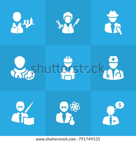 Set Of 9 Job Icons Set.Collection Of Actor, Medic, Stylist And Other Elements.