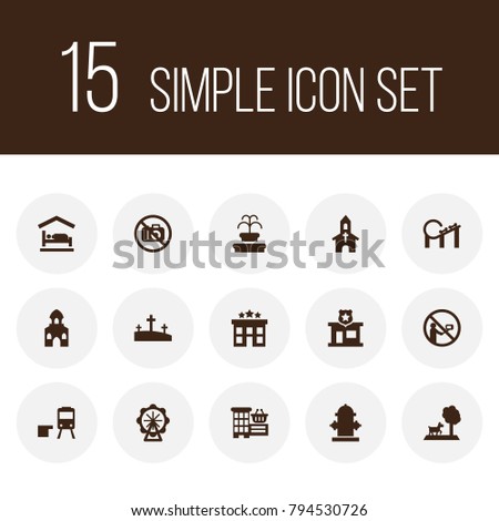 Set of 15 infrastructure icons set. Collection of mosque, railway station, motel and other elements.