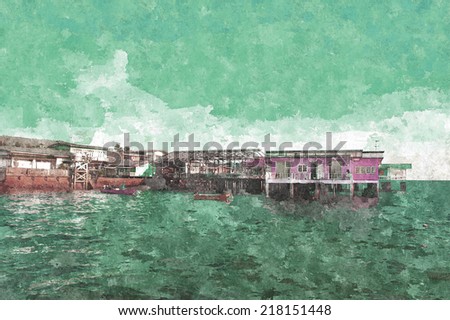 digital  watercolor painting effect of house and ocean landscape