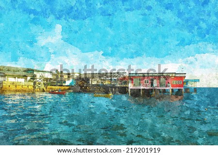 digital  watercolor painting effect of house and ocean landscape