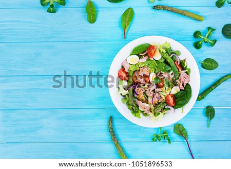 Similar – Image, Stock Photo Asparagus Salad with quails eggs and cheese crisps