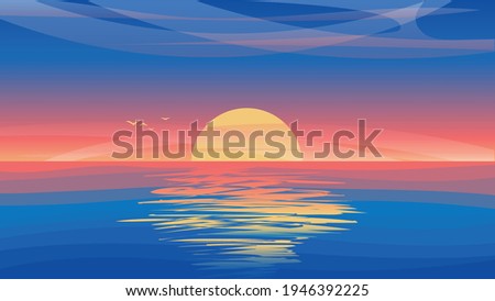 Vector illustration with misty sunset and reflection on water