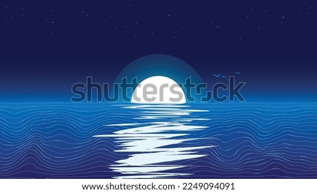 Vector illustration with misty  night moon and reflection on water