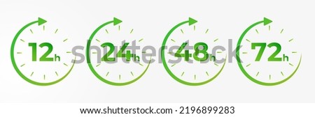 12, 24, 48, 72 hours clock arrow. symbol work time, delivery and service time, isolated green on white , Vector illustration
