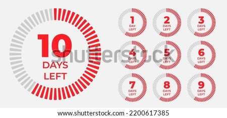 5, 2, 3, 4, 1, 6, 7, 8, 9, 0 days left badge, label set. Countdown limited time in red color for sale, offer, promotion or work vector illustration isolated on white background. Vector illustration