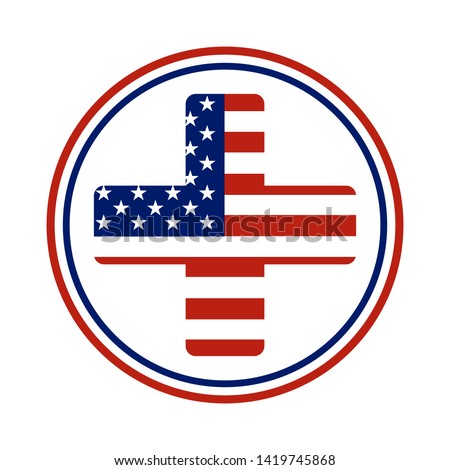 National flag of The United States of America in the shape of a medical cross n circle. Care of health and medicine concept. For logo, banner, background