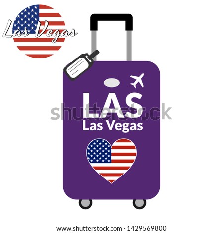 Luggage with airport station code IATA or location identifier and destination city name Las Vegas, LAS. Travel to the United States of America concept. Heart shaped flag of the USA on the baggage