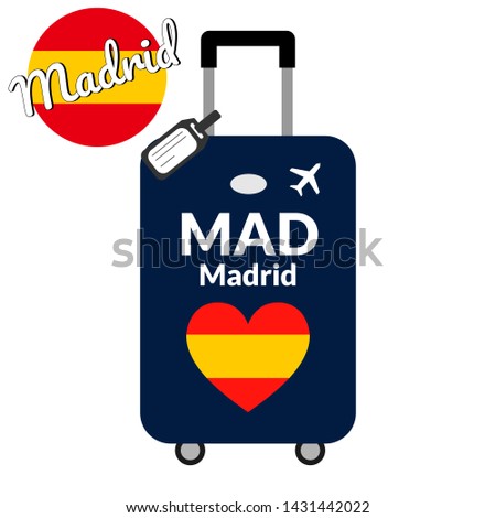 Luggage with airport station code IATA or location identifier and destination city name Madrid, MAD. Travel to Spain, Europe concept. Heart shaped flag of the Spain on baggage