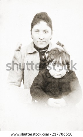 Ancient portrait of mother and daughter. Vintage, Studio portrait 1890s