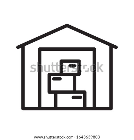 Warehouse icon. Line art logo of storage of things. Linear symbol of depot. Black simple illustration. Contour isolated vector image on white background. Building with roof and cardboard boxes inside