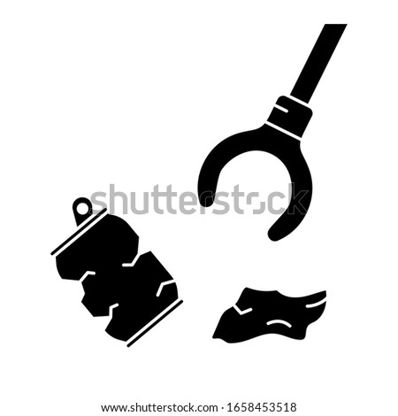 Cutout silhouette Claw grip with trash. Cleaning streets and nature of garbage. Outline icon of save planet, green theme. Black simple illustration. Flat isolated vector on white background