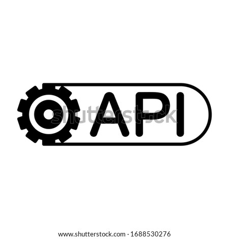 Cutout silhouette API with gear. Outline logo for software, computer programs and systems. Black simple illustration. Flat isolated vector image on white background. Horizontal icon concept