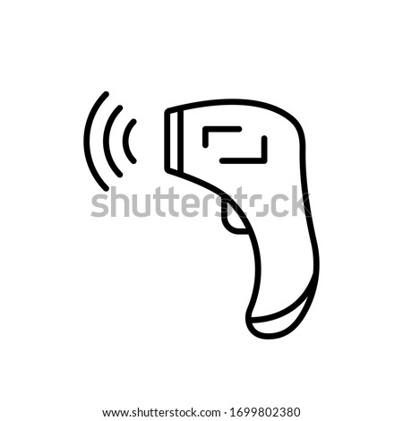 Forehead Infrared Thermometer with signal. Linear icon of digital device for measuring temperature. Black illustration of medical non-contact equipment. Contour isolated vector on white background