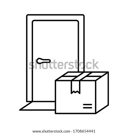 Contactless delivery. Linear icon of front door and package box. Black illustration of online shopping, buying food and things with courier home delivery. Contour isolated vector on white background