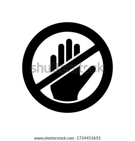 Silhouette contactless sign. Outline round icon of crossed human hand. Black illustration ban on touch in pandemic, quarantine. Flat isolated vector on white background. Dangerous to pick up