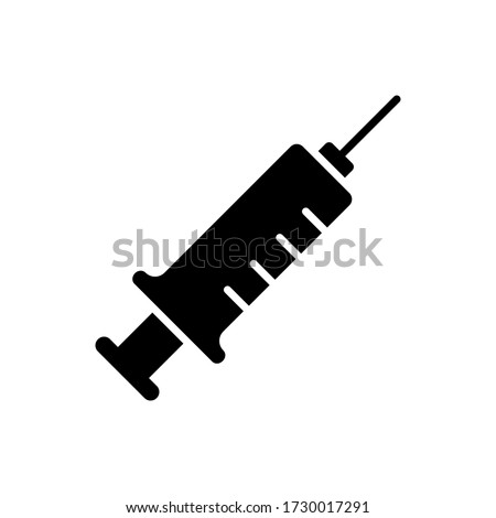 Silhouette of Medical syringe with needle and scale. Outline icon of injection. Black illustration of puncture, treatment, liquid medicine and solution. Flat isolated vector emblem on white background