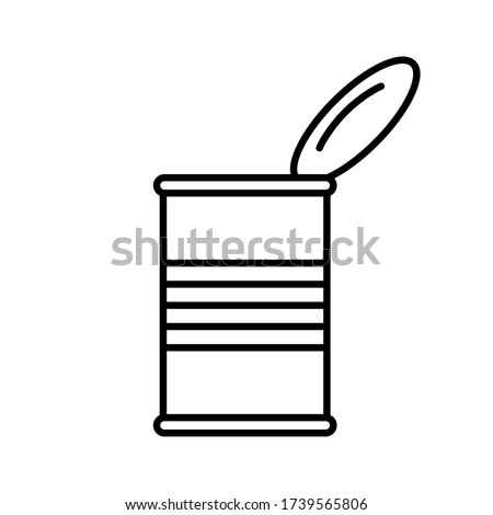 Open tin can with lid, side view. Linear canned goods icon. Illustration of preserves, ready-made food industrial production. Contour isolated vector, white background. Cylindrical grooved metal jar