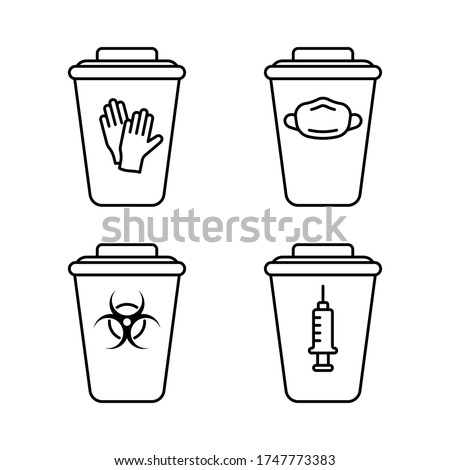 Set of medical waste containers. Special box for disinfection or utilization of disposable gloves, face mask, syringe, biohazard. Linear emblem of trash can with lid. Contour isolated vector icon