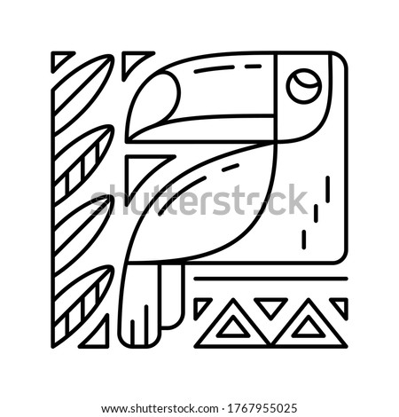 Toucan square graphic poster. Linear print for t-shirt, bag, card. Black stylized illustration of tropical bird with big beak, leaves, pattern. Cartoon parrot. Contour vector image, white background