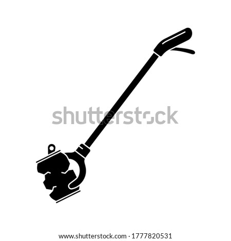 Silhouette Picking up garbage stick. Outline icon of litter picker gripper and crushed can. Black illustration of Long-reach grabber. Flat isolated vector on white background. Symbol of trash removal