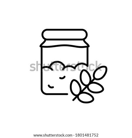 Yeast starter in glass jar with ear of wheat. Line art icon of fresh raw sourdough for bread. Black pictogram of fermentation process with natural ingredient. Contour isolated vector, white background