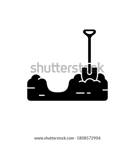 Silhouette Pit dug in ground with shovel. Soil preparation for planting. Piece of land with trench. Outline black illustration of gardening, excavation, bury. Flat isolated vector on white background