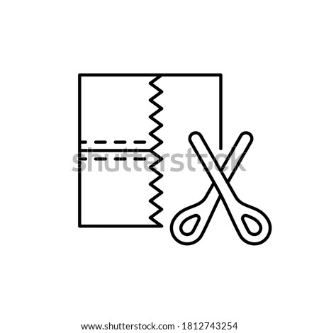 Patchwork and scissors. Flaps of fabric sewn with different stitches. Black linear illustration of sewing, quilting. Contour isolated vector icon, white background