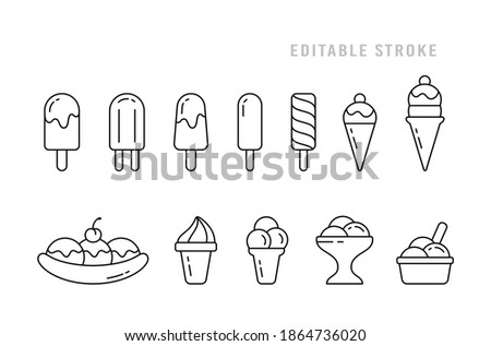 Ice cream set. Linear icon of different types. Eskimo pie, popsicle, waffle cone, ice lolly, banana split, twister, bowl. Black simple illustration. Contour isolated vector pictogram, editable stroke