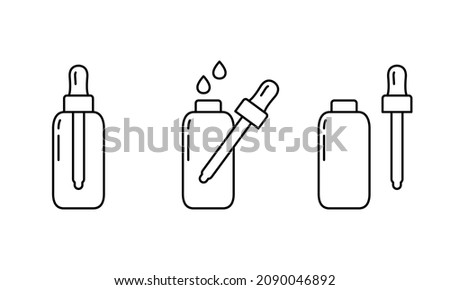 Dropper bottle with serum or oil, linear icons set. Cosmetic product in vial with pipette. Outline simple vector. Contour isolated pictogram on white background