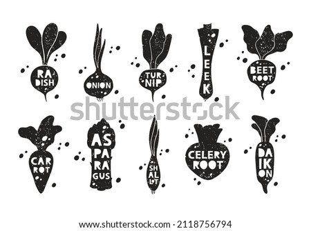 Vegetable and root crops, grunge stickers set. Radish, onion, turnip, beet, leek, carrot, daikon, asparagus, shallot, celery. Black texture silhouette, lettering inside. Imitation of stamp with scuffs