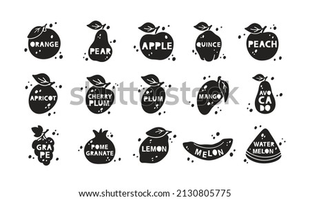 Garden fruits, silhouette stickers set. Apple, pear, plum, orange, peach, apricot, mango. Black hand drawn icons with lettering inside and abstract spots