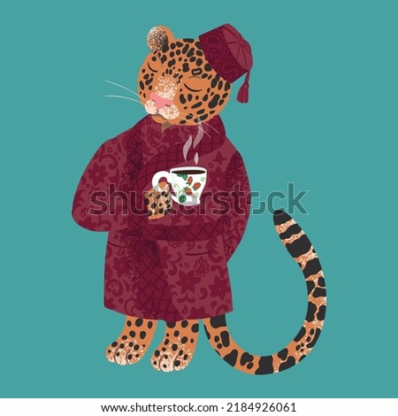 A prim jaguar in vintage Victorian clothes is drinking tea. Vector illustration. Imagine de stoc © 