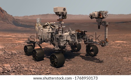 Mars. The Perseverance rover deploys its equipment against the backdrop of a true Martian landscape. Exploring Mission To Mars. Colony on Mars. Elements of this video furnished by NASA. 3d rendering. Photo stock © 