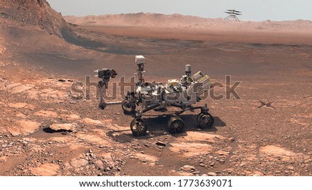 Mars. The Perseverance rover deploys its equipment against the backdrop of a true Martian landscape. Exploring Mission To Mars. Colony on Mars. Elements of this video furnished by NASA. 3d rendering Stock foto © 