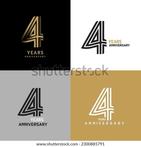 4 years anniversary vector number icon, birthday logo label, black, white and colors stripe number