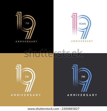 19 years anniversary vector number icon, birthday logo label, black, white and colors stripe number