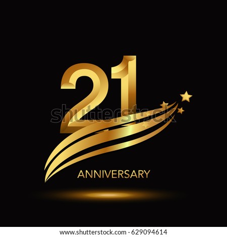 21 Years Anniversary Celebration Design. - gold swoosh and star on black background