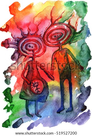 Couple of sun-head gods, man and 
pregnant woman. Watercolor hand painted illustration in cave drawing style.