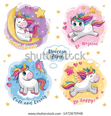 Set of cute funny unicorns. Cartoon and fabulous illustration with beautiful little pony, butterfly, star, moon and heart. Stickers with motivating text. Poster for friends, family. Wonderland. Vector