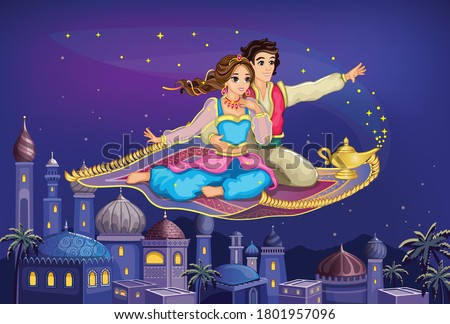 East Princess and Aladdin on magic carpet. Oriental tale. Fairytale Arabic landscape with Mosque. Muslim Cityscape. Cartoon Wallpaper. Fabulous background. Wonderland. Children's illustration. Vector.